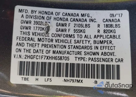 2017 Honda Civic Ex-L z USA, uszkodzony, nr VIN 2HGFC1F7XHH658705